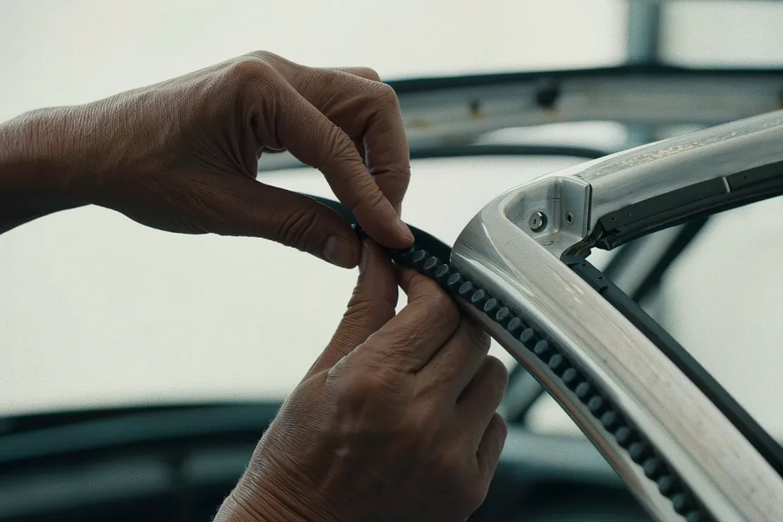 A technician's hands pressing a new black rubber molding onto the edge of a freshly installed windshield.
