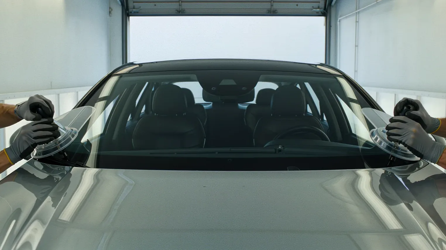 Two technicians in grey gloves lowering a laminated windshield onto the pinchweld of a silver sedan with suction handles, inside a bright white service bay.